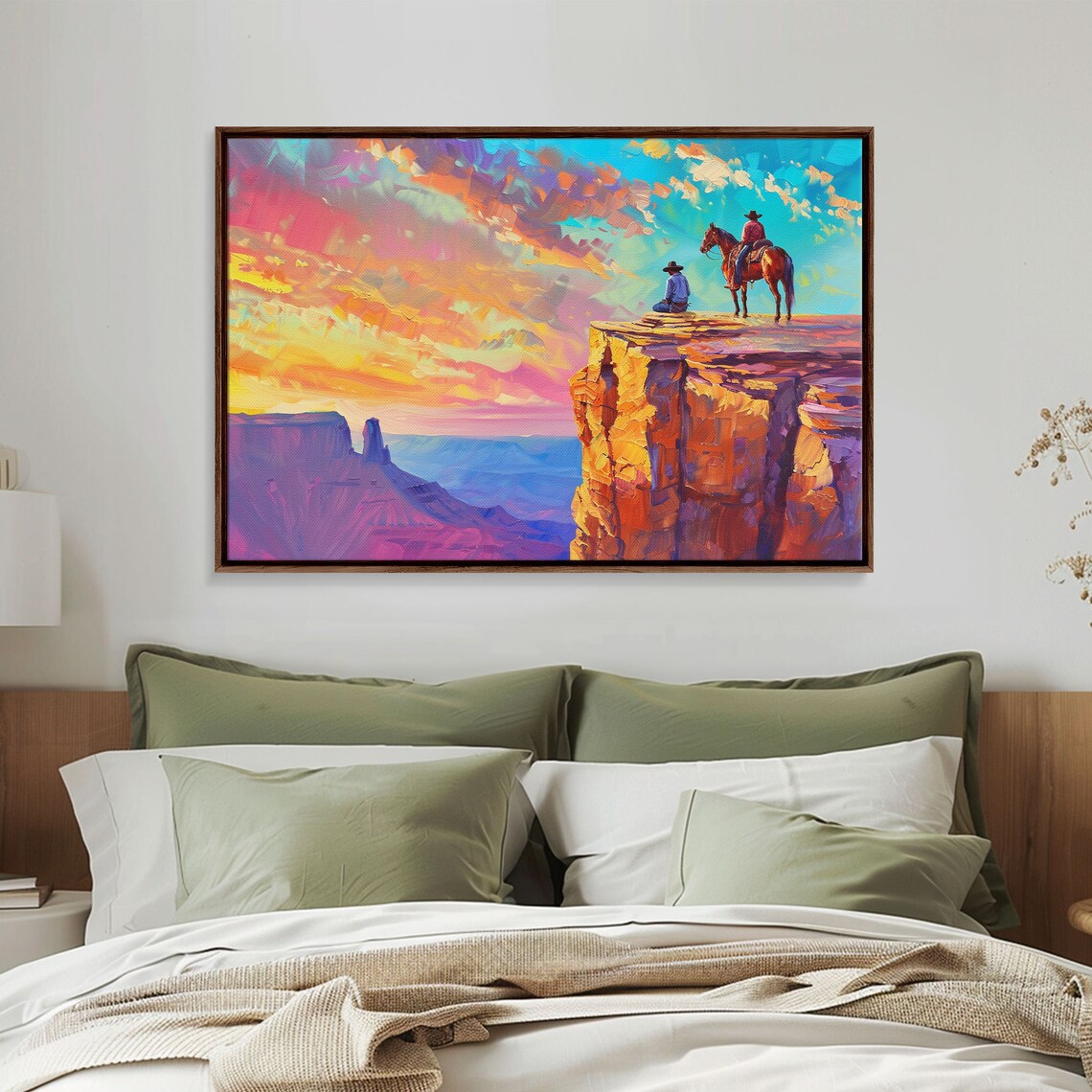 Two Cowboys Canyon Cliff Sunset Horses Colorful Western Poster - Image 3