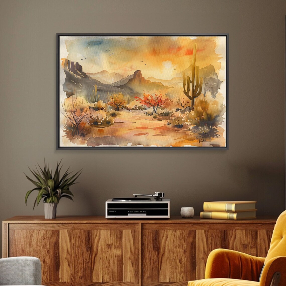 Desert Sunset Watercolor Saguaro Cactus Mesas Birds Southwest Wall Art - Image 5