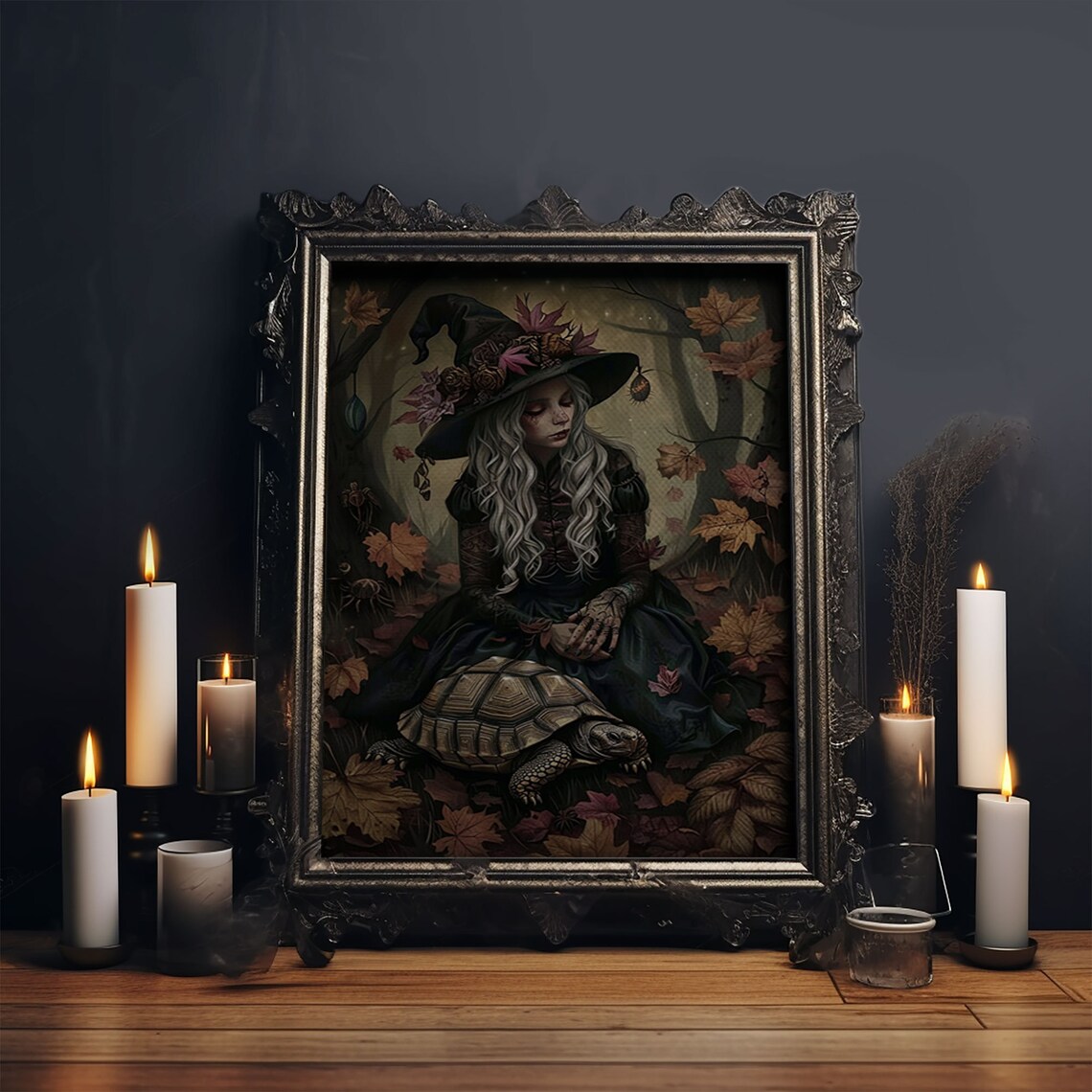 Mystical Witch With Tortoise In Autumn Leaves Enchanted Art Poster - Image 6