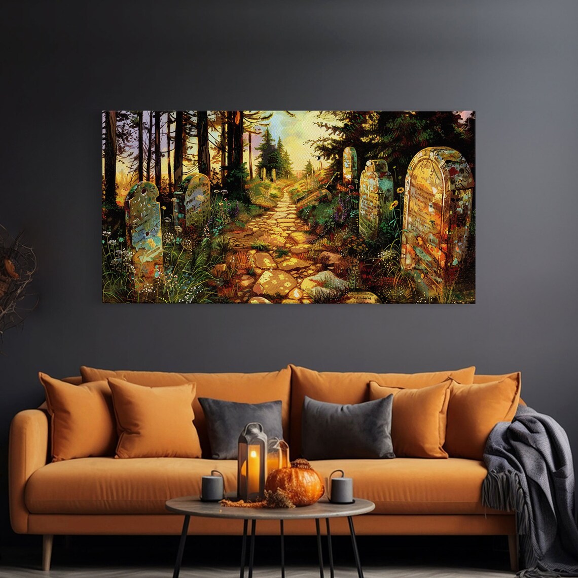 Haunted Cemetery Springtime Stone Path Flowering Trees Colorful Halloween Print - Image 3