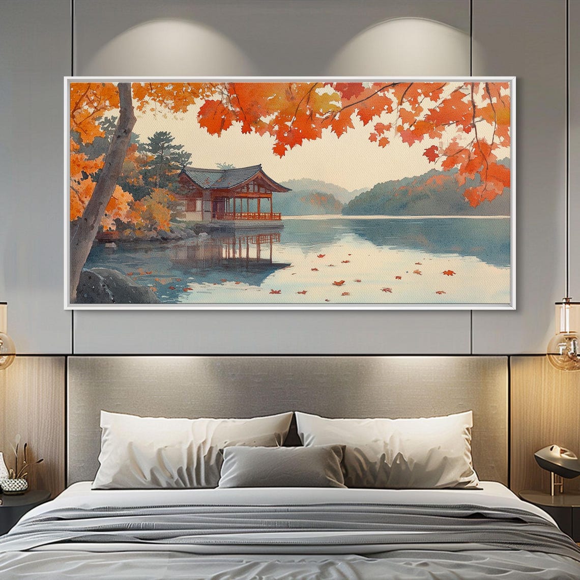 Autumn Japanese Lake House Red Maple Trees Watercolor View Poster - Image 6