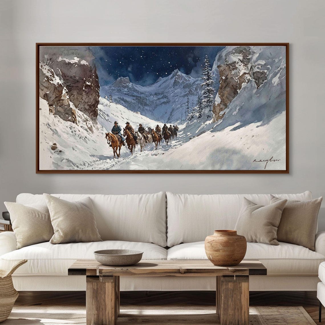 Cowboys Riding Snowy Mountain Pass Under Starry Night Art Print - Image 3