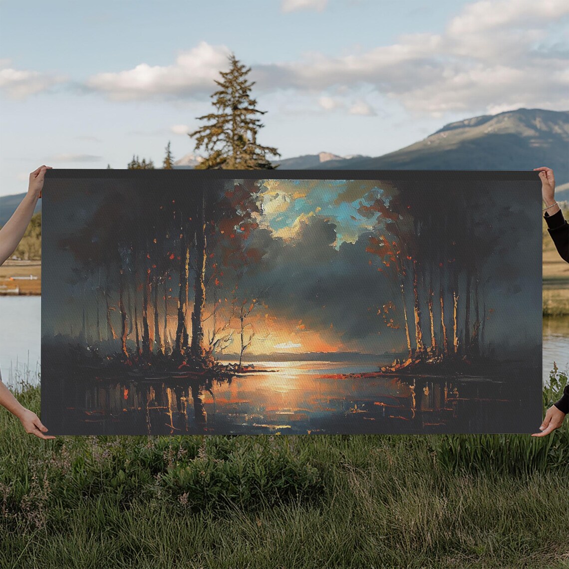 Moody Dark Lake Sunset Orange Glow Reflection Vintage Style Poster