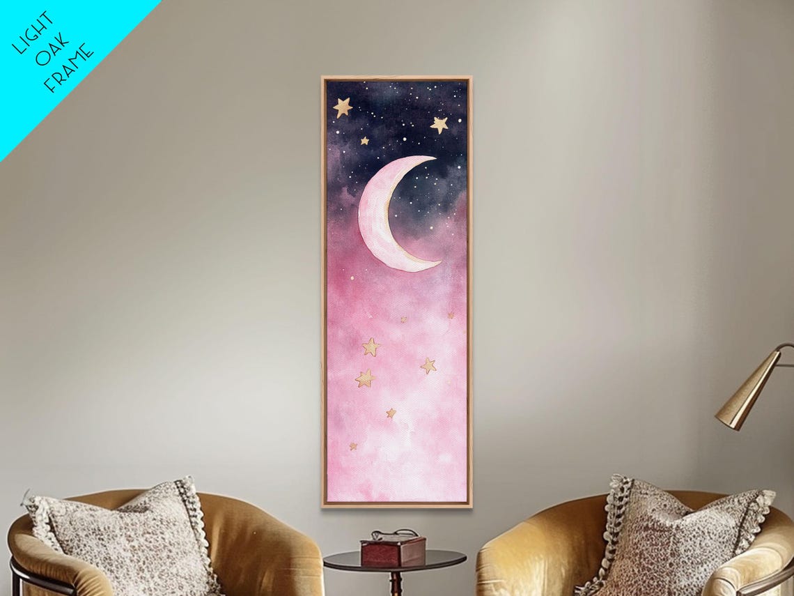 Pink Crescent Moon Gold Stars Watercolor Night Sky Celestial Poster