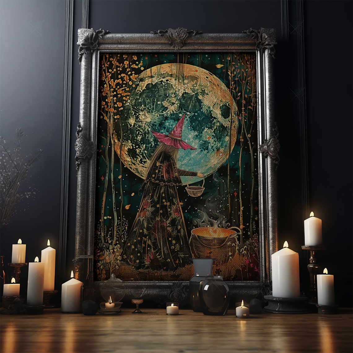 Witch Brewing Spells Under Full Moon Enchanted Halloween Art Print - Image 5