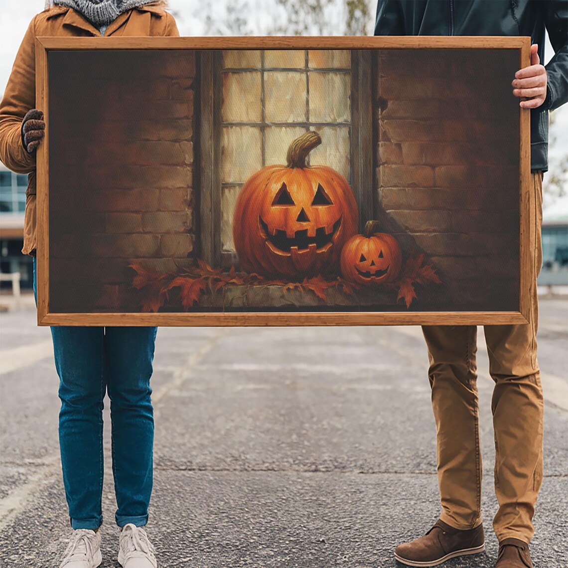 Jack O Lantern Pumpkins Windowsill Autumn Leaves Halloween Art Poster - Image 3