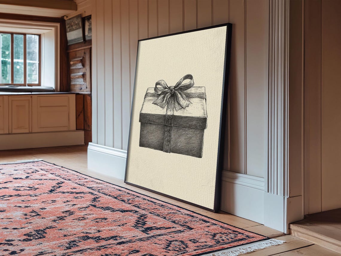 Christmas Gift Box Sketch Elegant Bow Minimalist Holiday Wall Poster