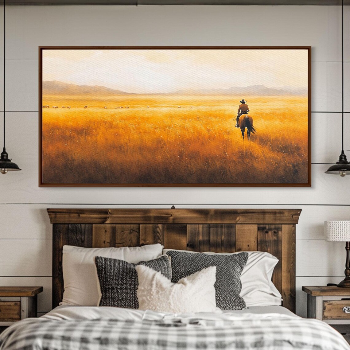 Lone Cowboy Herding Cattle Across Golden Plains Sunset Art Print - Image 2