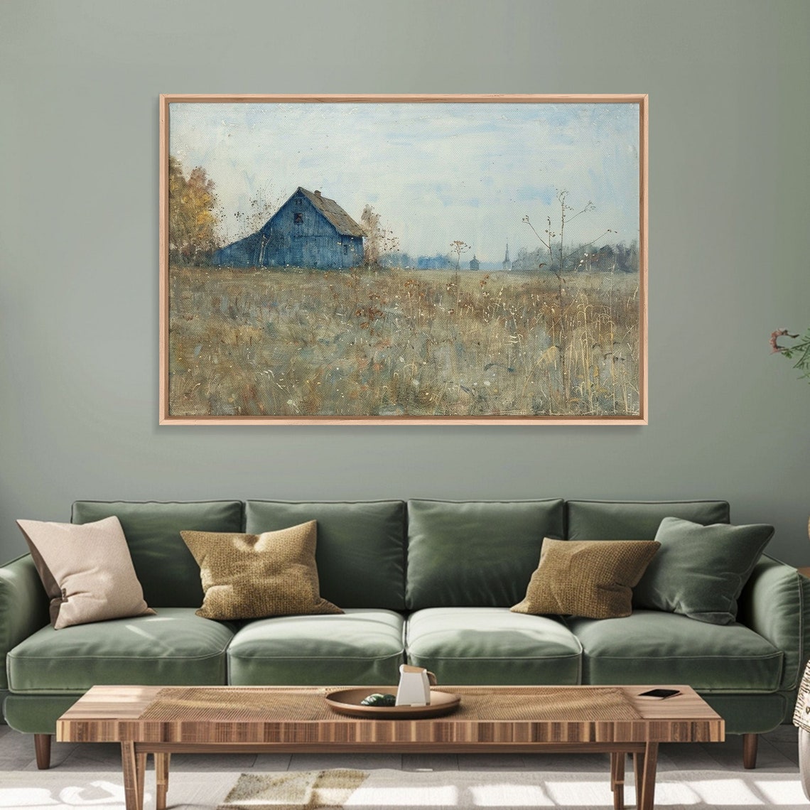 Old Blue Barn Folk Art Painting Field Tall Dry Grass Rustic Wall Art