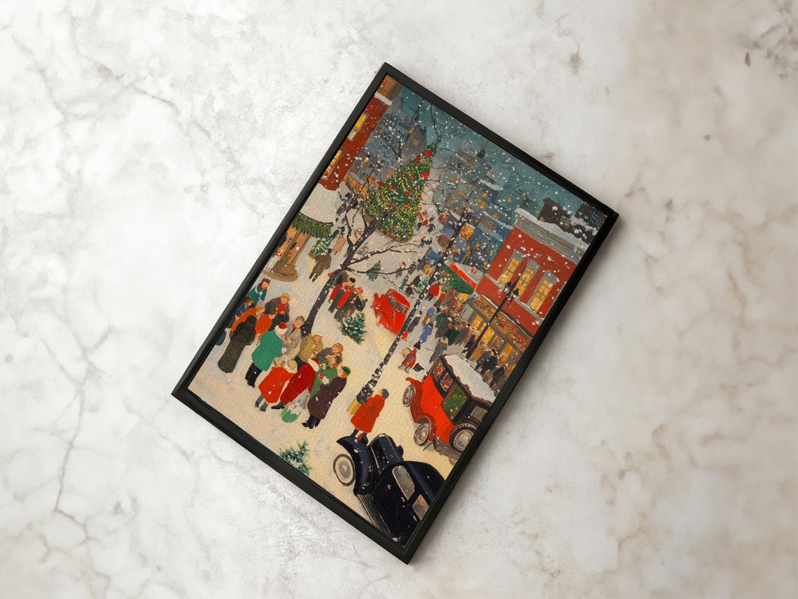 Vintage Christmas Shoppers Street Crowd Snow Retro Painting Poster