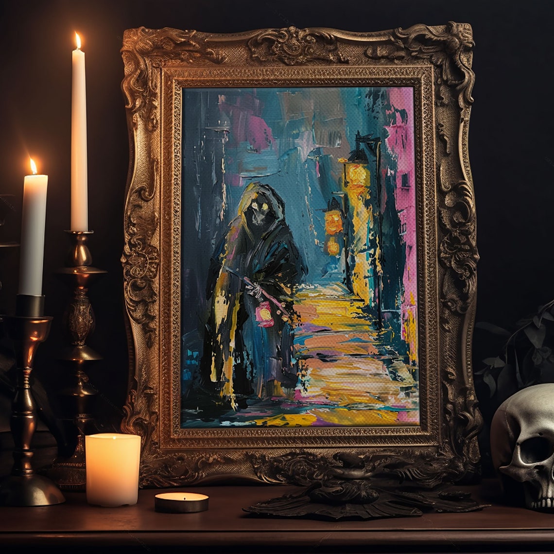 Grim Reaper Lantern Alley Abstract Colorful Painterly Horror Poster - Image 6
