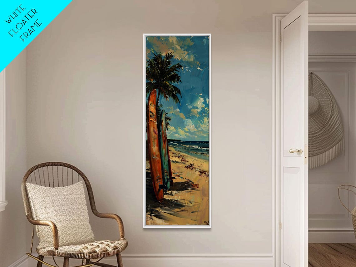 Two Vintage Surfboards Standing On Sandy Beach Under Palm Tree Poster - Image 2