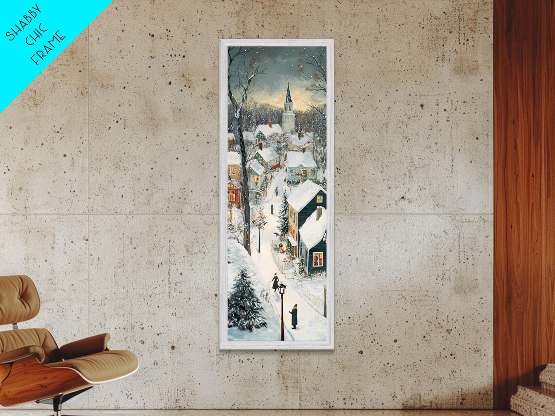 Snowy Village Street At Dusk With Church And Lampposts Poster - Image 4