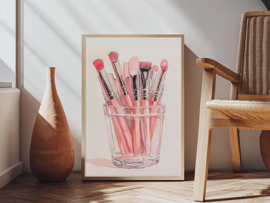 Pink Makeup Brushes in Glass Cup Watercolor Print Vanity Decor Poster - Image 6