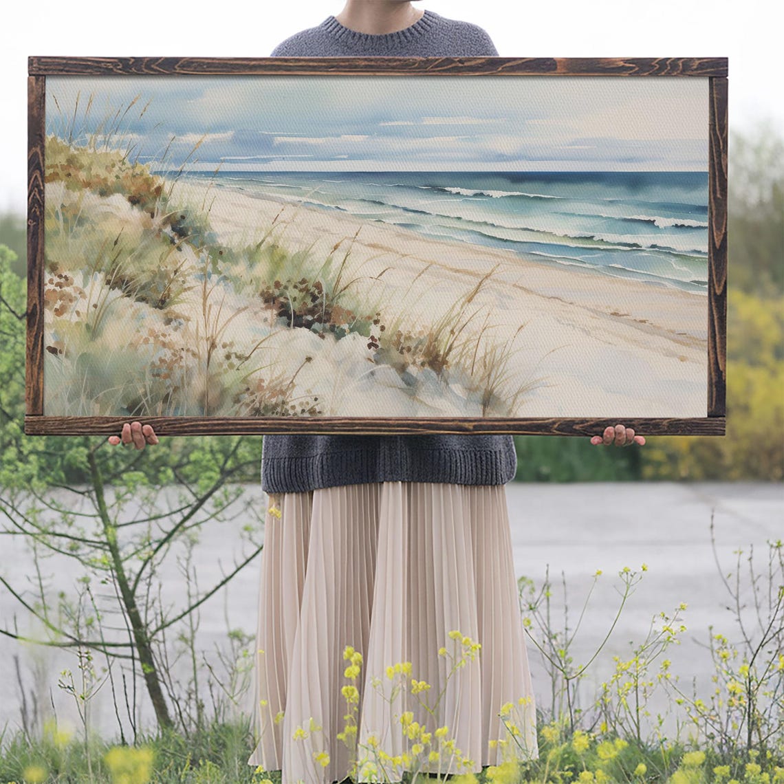 Beach Dunes Sea Grass Watercolor Ocean Waves Coastal Wall Art Poster - Image 2