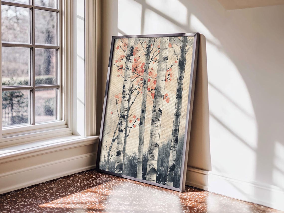 Watercolor Birch Trees With Red Blossoms Autumn Forest Poster - Image 2