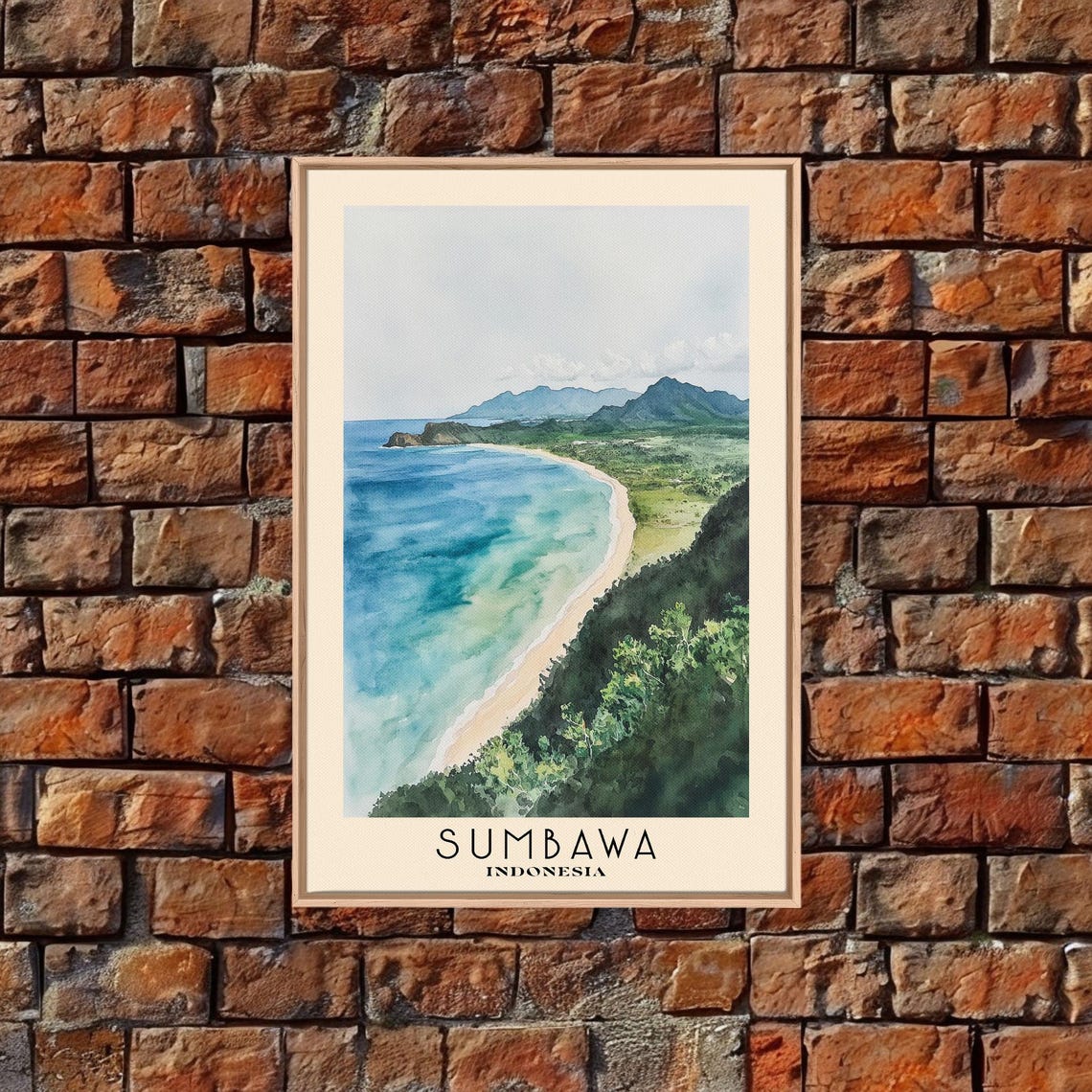 Sumbawa Indonesia Lush Green Bay Sandy Shore Mountain View Poster - Image 4