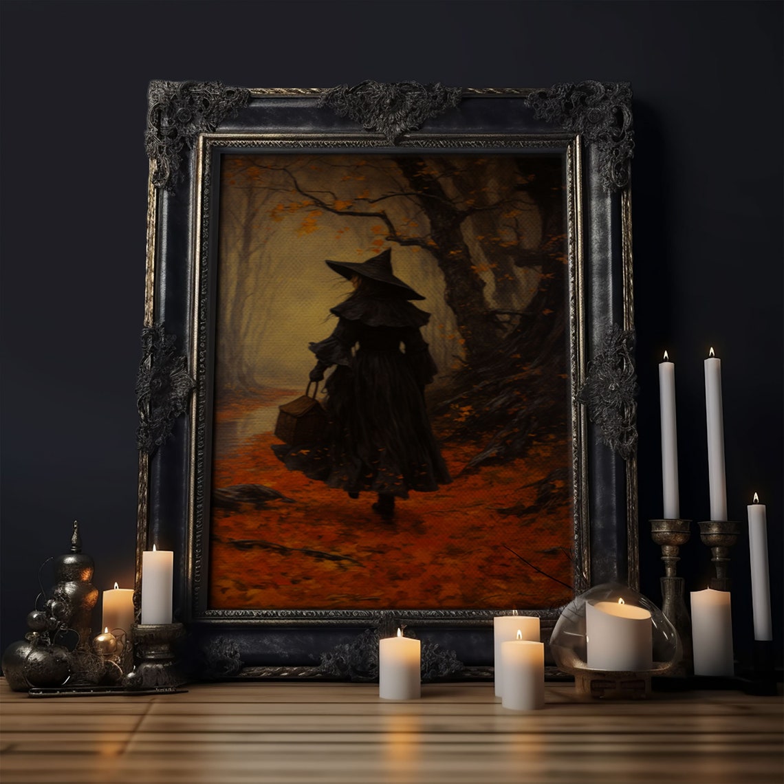 Witch Walking Autumn Forest Basket Moody Fall Halloween Art Poster - Image 6