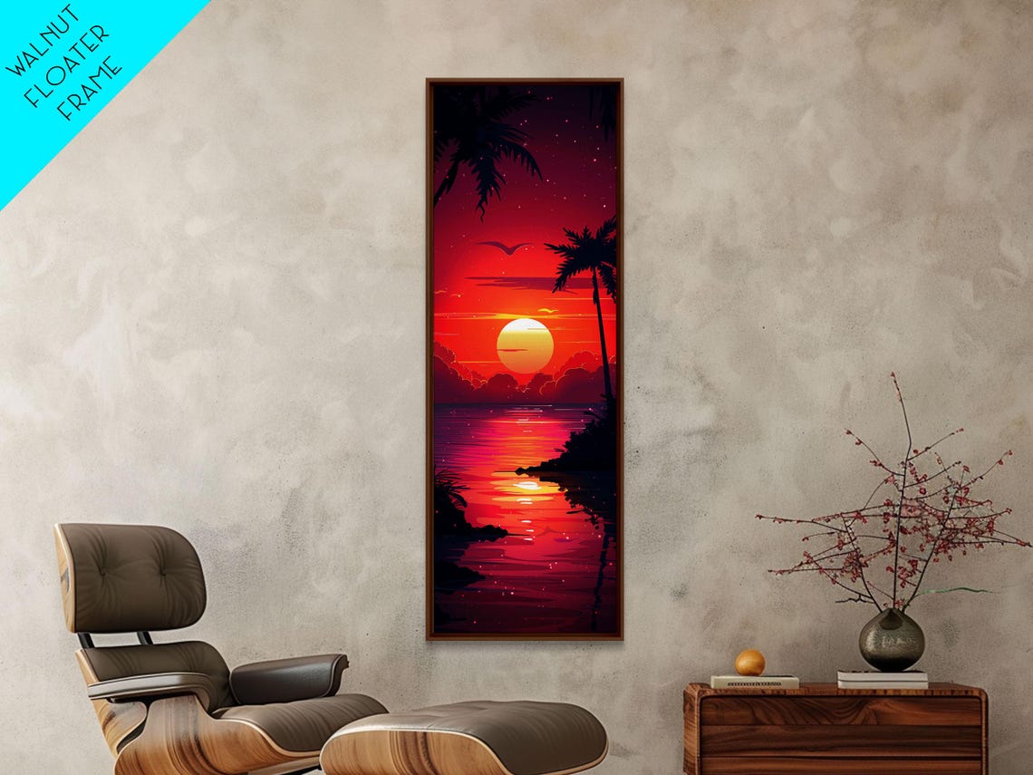 Retro Tropical Palm Sunset Ocean Red Sky Midcentury Beach Poster