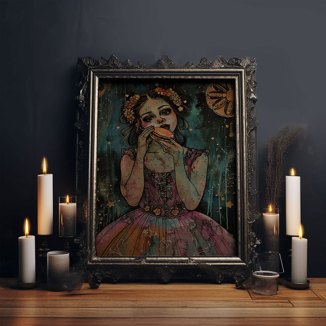 Girl Eating Macaron Flower Crown Vintage Spooky Sweet Art Poster - Image 5