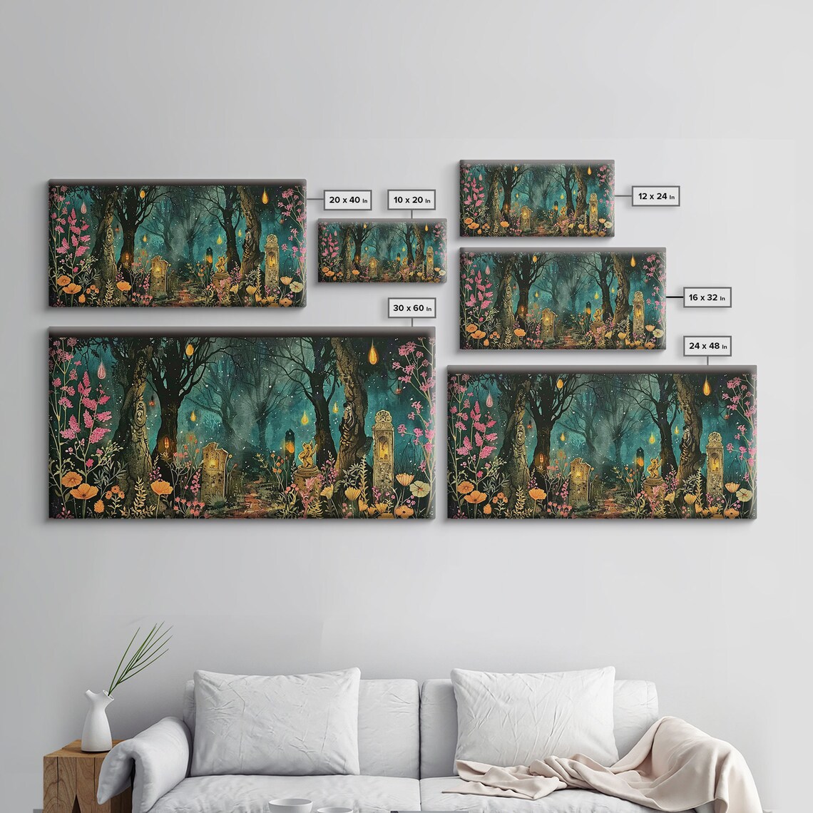 Haunted Forest Cemetery Glowing Lanterns Pink Wildflowers Spooky Wall Art - Image 2
