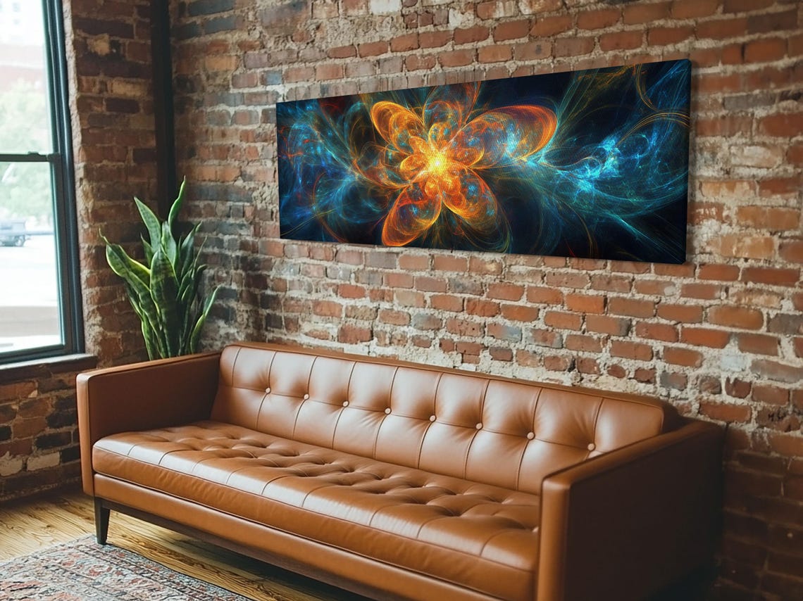 Fiery Fractal Blossom Panoramic Glowing Orange Blue Cosmic Art Poster - Image 2