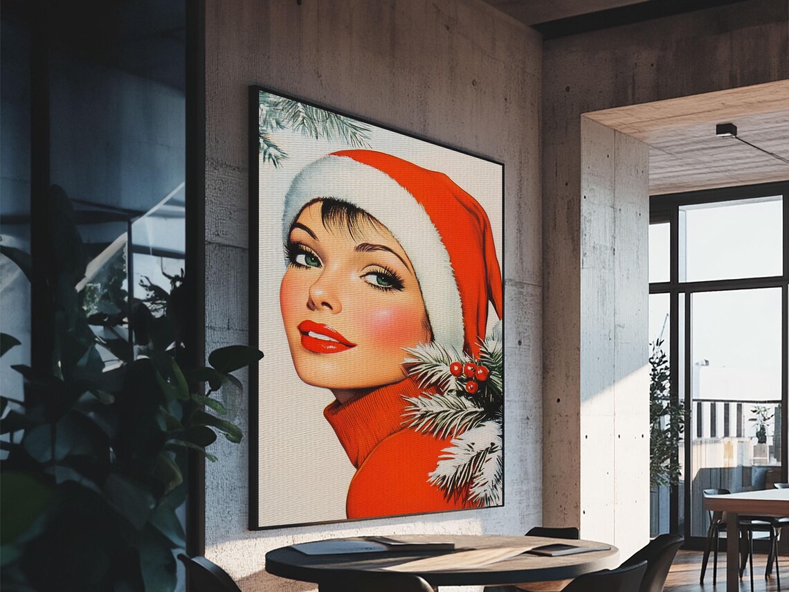 1950s Christmas Pin Up Woman In Santa Hat Retro Holiday Wall Art - Image 4