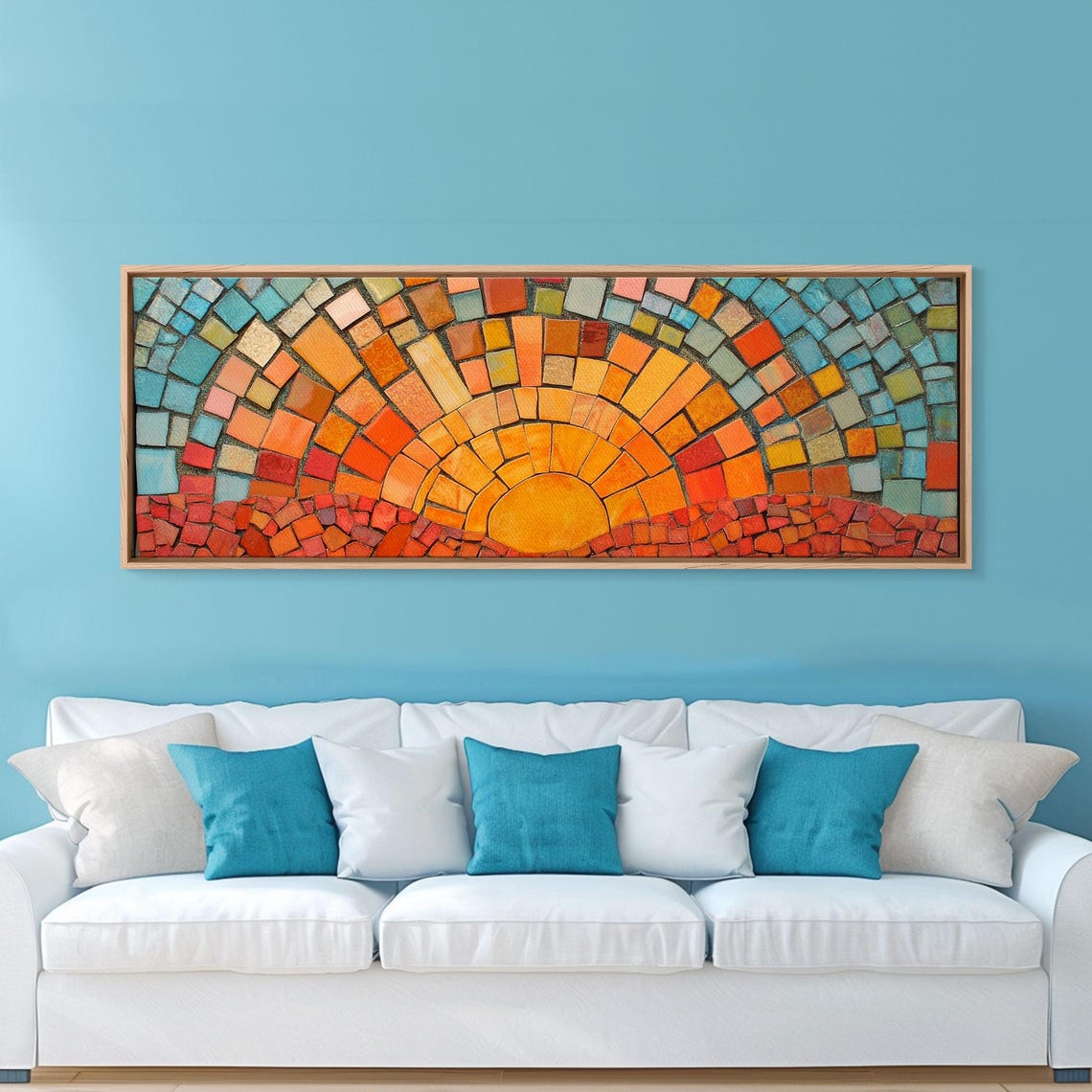 Wood Framed Mid Century Modern Wall Art Sunset Mosaic Tiles Print Horizontal Modern Wall Art Panoramic Above Bed Decor Boho Wall Art - Image 2