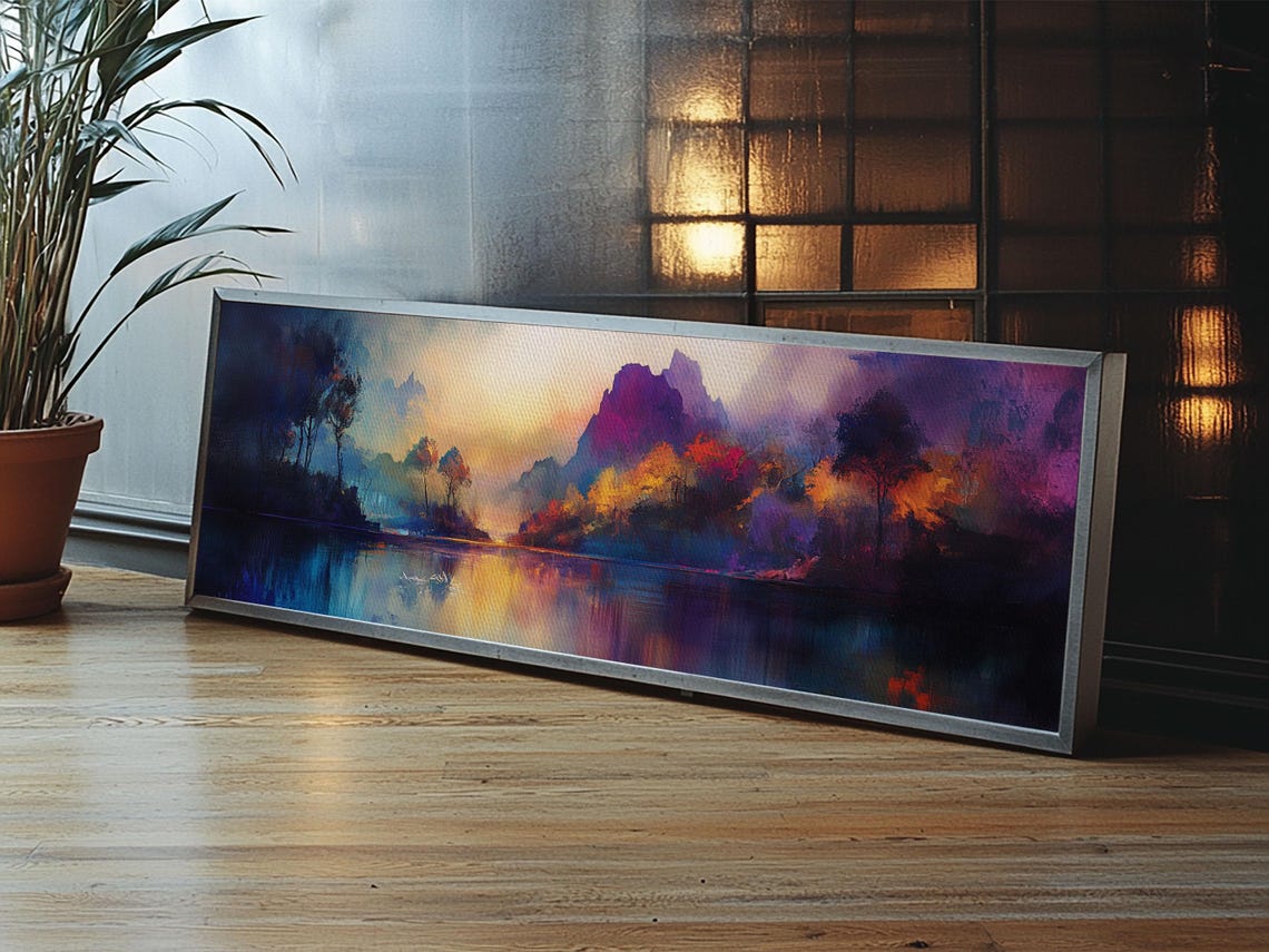 Dreamy Mountain Lake Sunset Panoramic Moody Misty Landscape Art Poster - Image 4