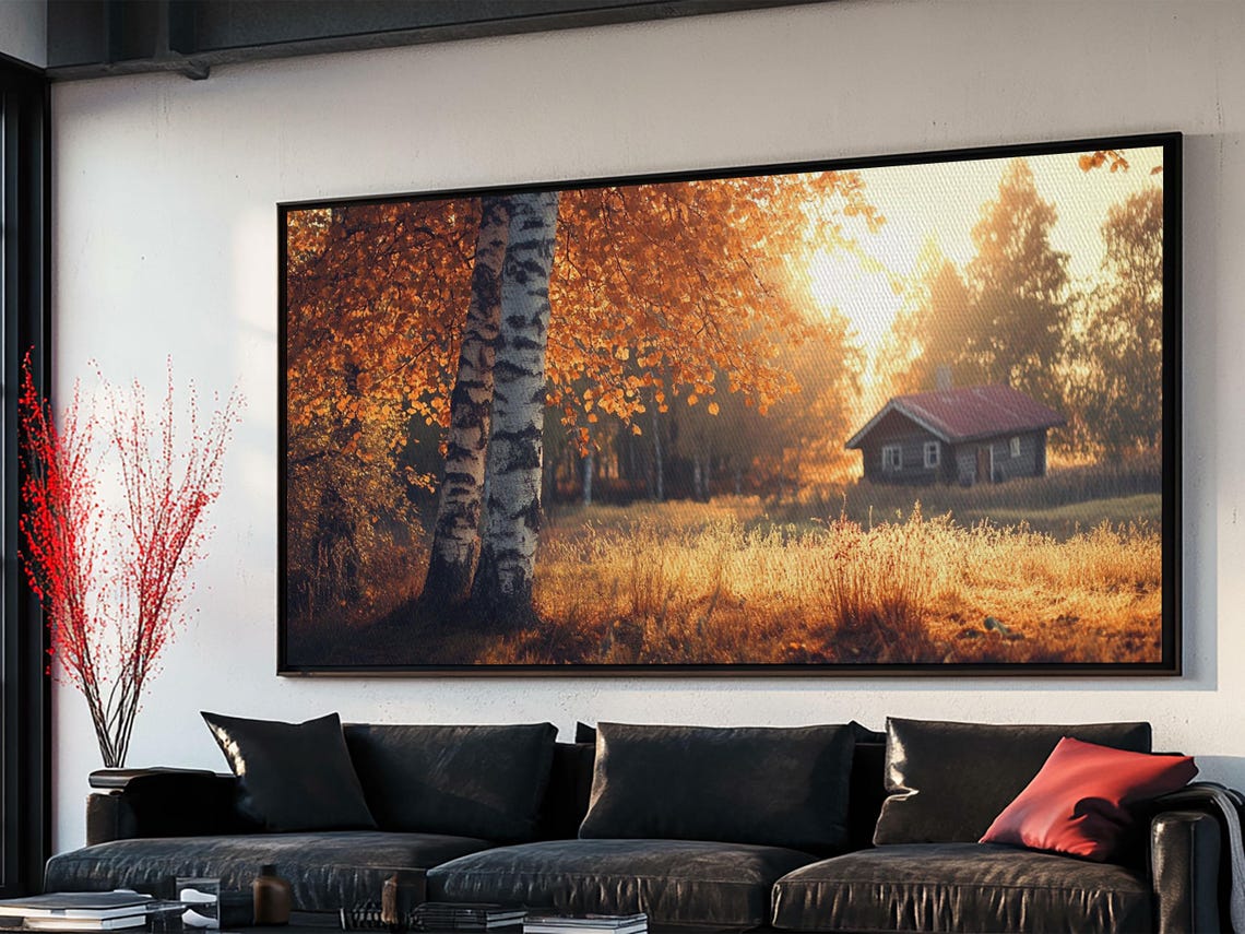 Cozy Autumn Cabin Birch Trees Golden Fall Sunset Landscape Poster - Image 5