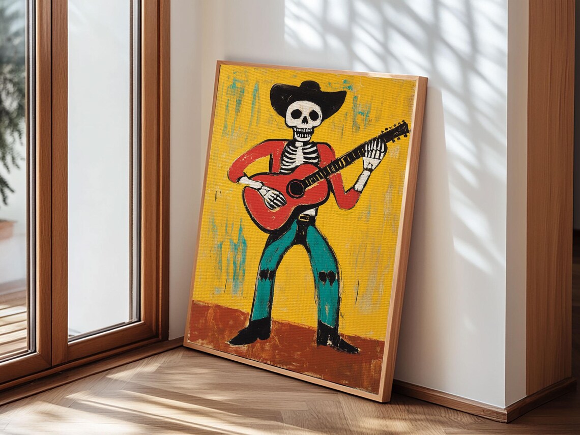 Cowboy Skeleton Guitarist Vaquero Day Of The Dead Folk Art Print - Image 2