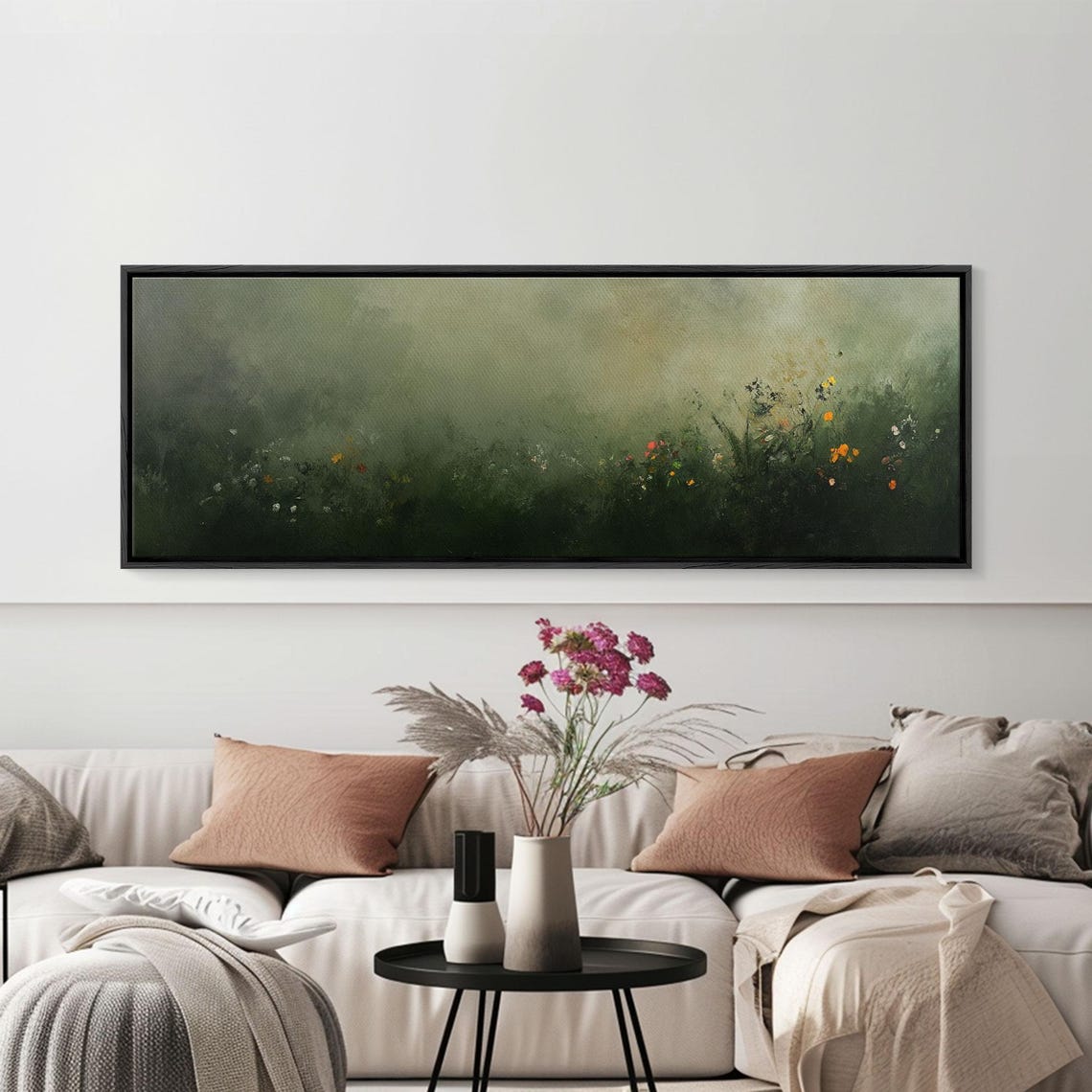 Fog Over Wildflowers Moody Muted Green Panoramic Painting Poster - Image 3