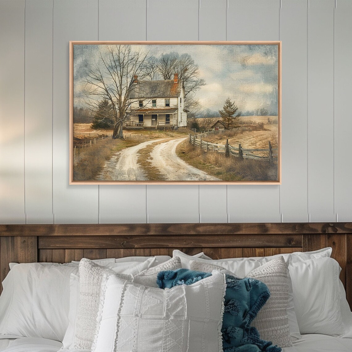 Old Farmhouse Country Road Watercolor Rustic Autumn Landscape Poster