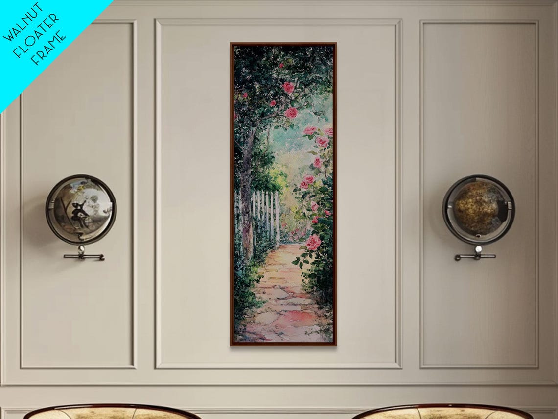 Rose Garden Stone Path Pink Roses Watercolor Painting Vertical Poster - Image 3