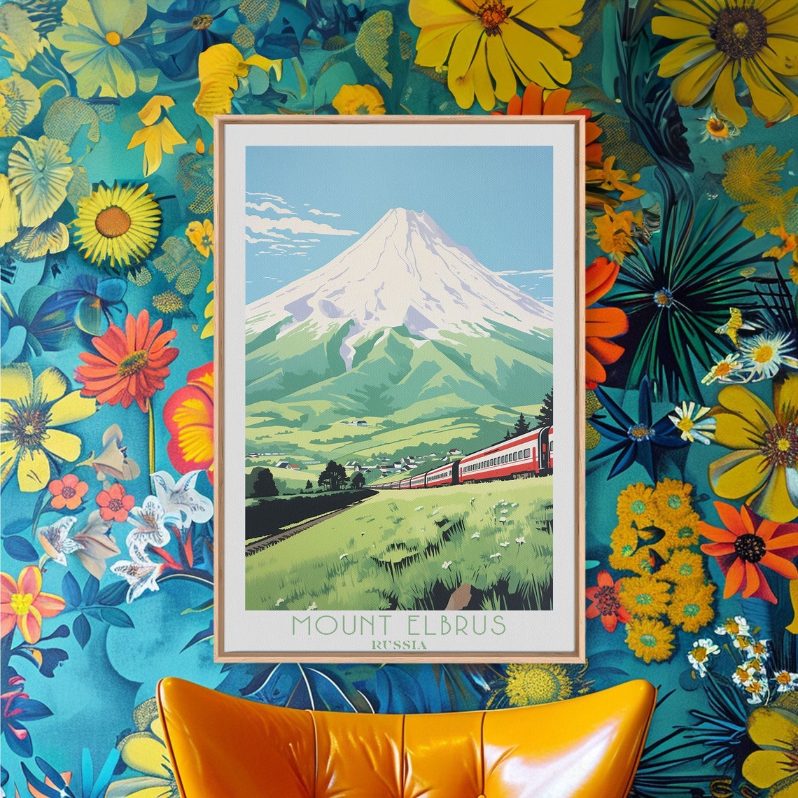 Mount Elbrus Russia Snow Capped Peak Train Meadow View Poster - Image 5