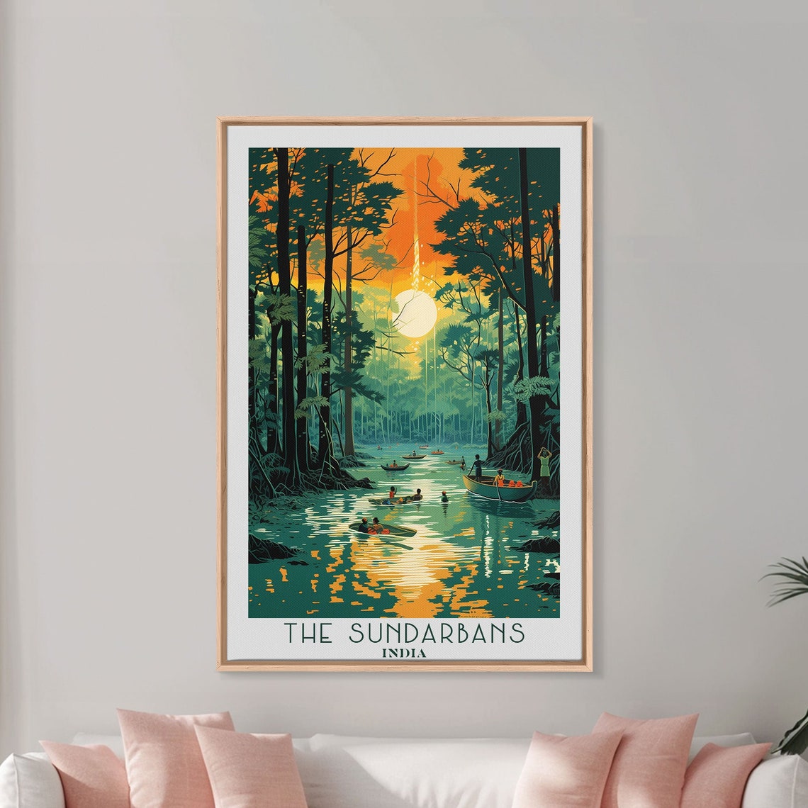 The Sundarbans India Mangrove Forest Boats Sunset Retro Travel Poster