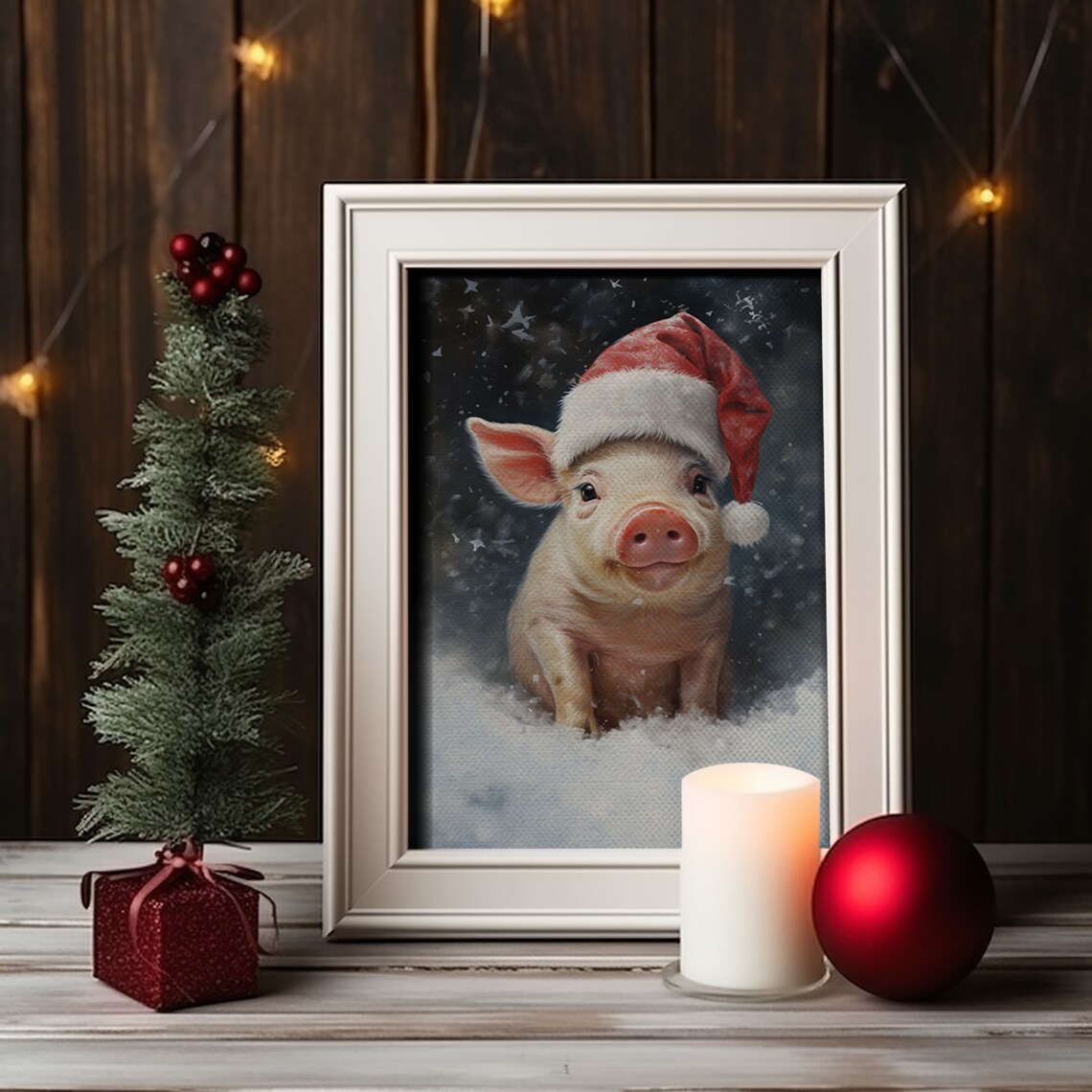 Christmas Pig in a Santa Hat, Vintage Art Print - Image 4