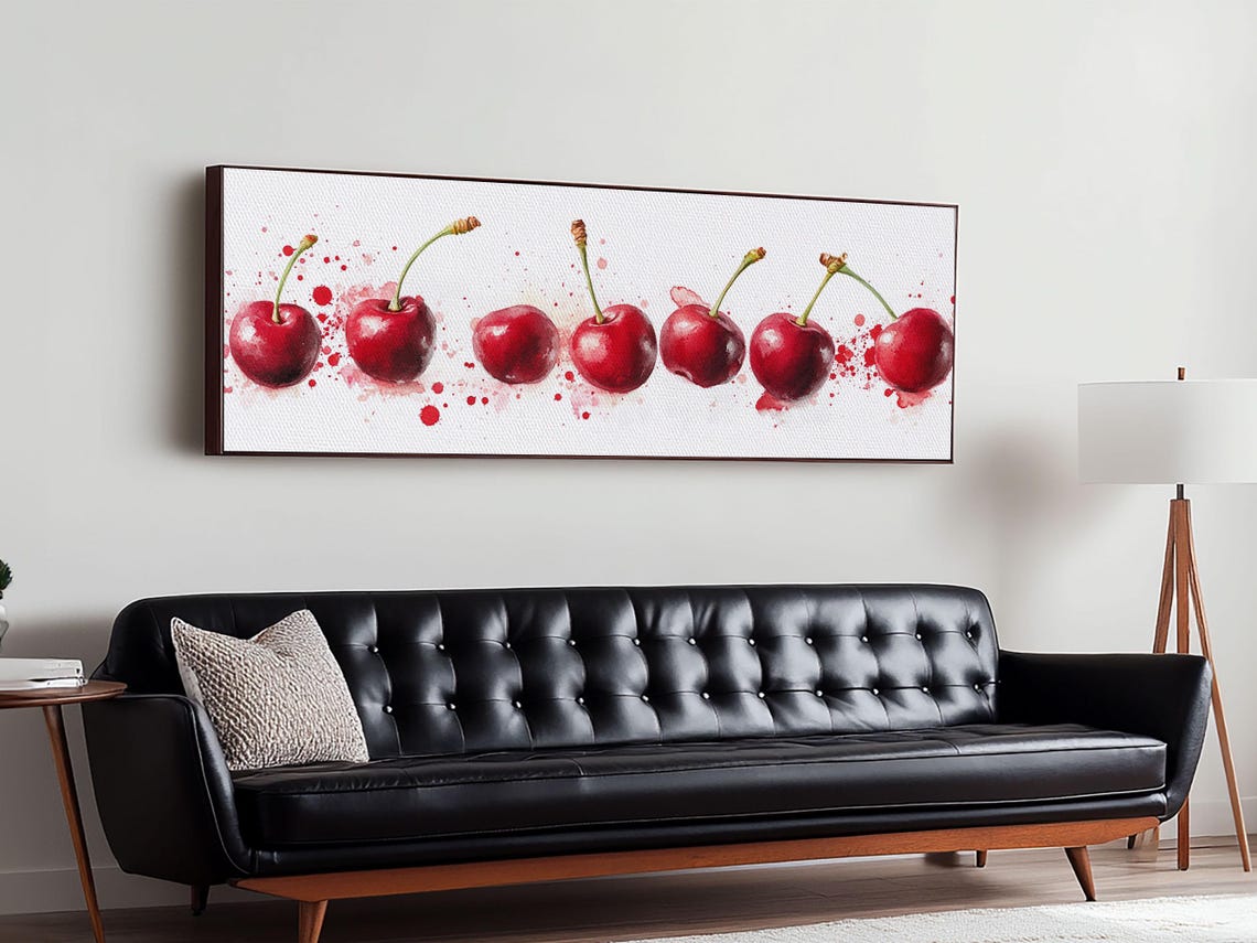 Row Of Red Cherries Watercolor Splash Panoramic Kitchen Art Poster - Image 6