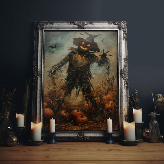 Sinister Pumpkin Head Scarecrow In Harvest Patch Halloween Night Poster