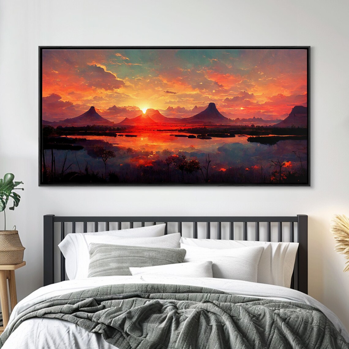 Mountain and Lake Sunset Oil Painting Art Print - Image 3