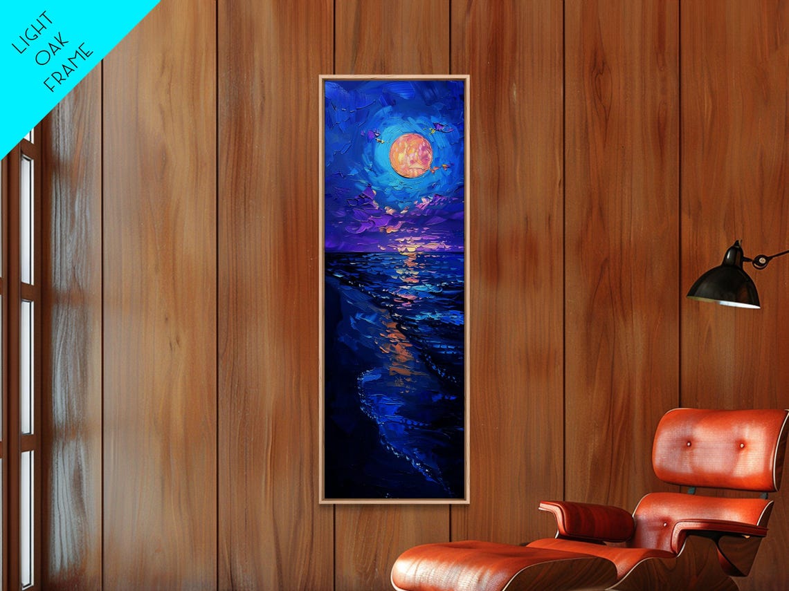 Full Moon Night Ocean Deep Blue Waves Starry Sky Painting Poster - Image 5
