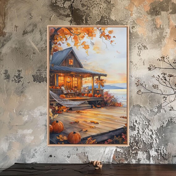Cozy Autumn Cabin Porch With Pumpkins Hammock Lake View Poster