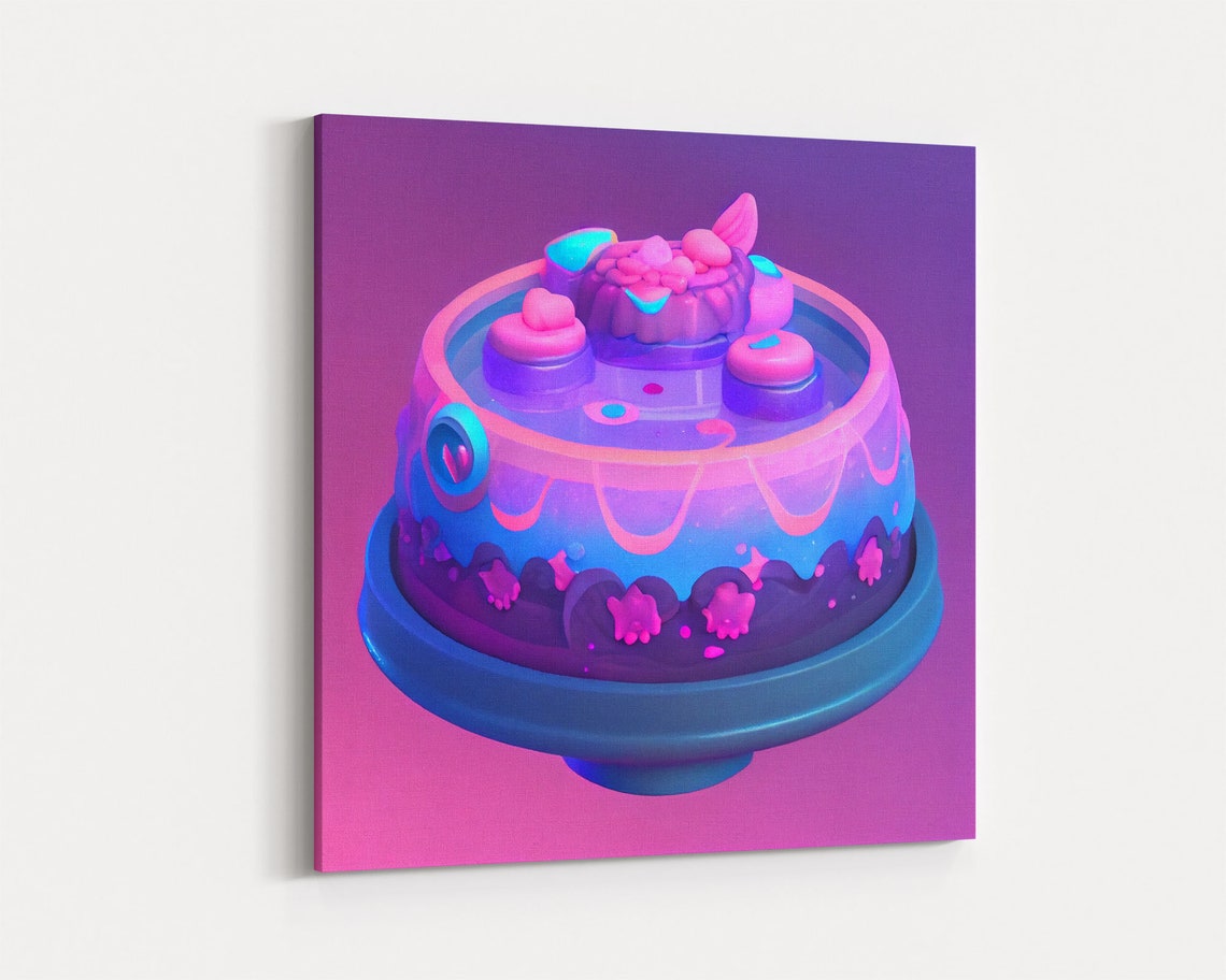 Cute Kawaii Neon Cake 3D Render Dessert Wall Art Decor Print