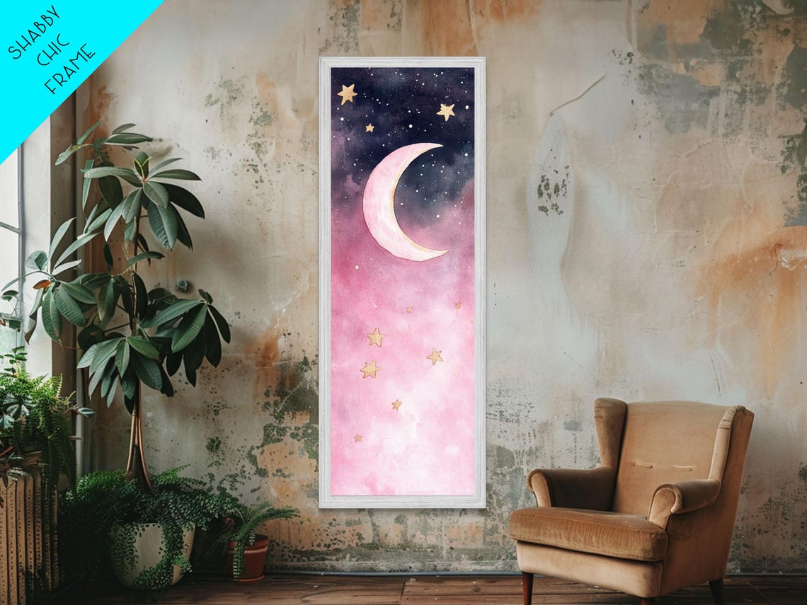 Pink Crescent Moon Gold Stars Watercolor Night Sky Celestial Poster - Image 6