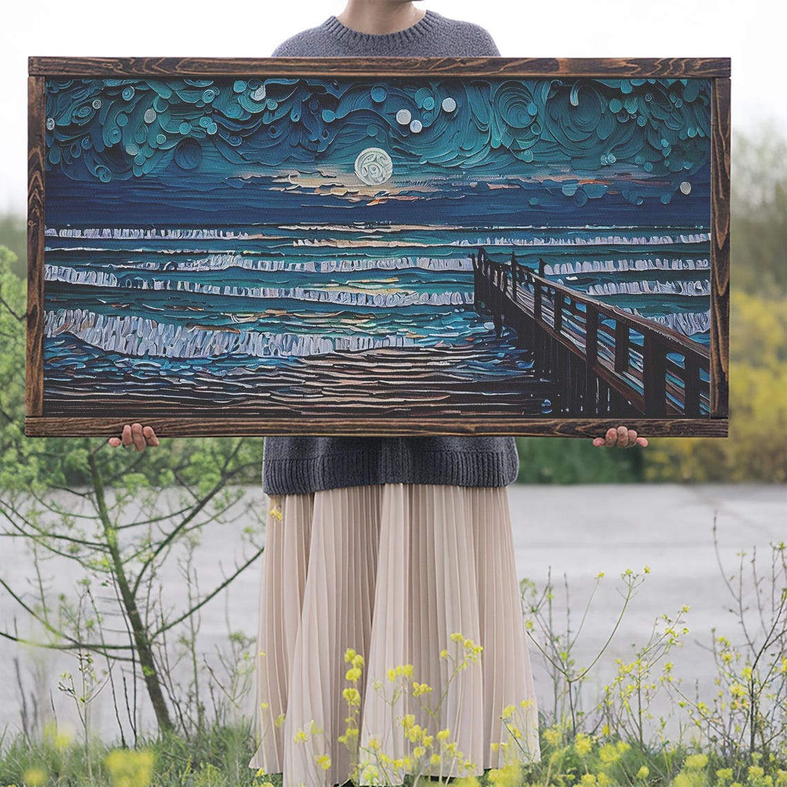 Full Moon Ocean Waves Wooden Pier Starry Night Impasto Seascape Poster - Image 2