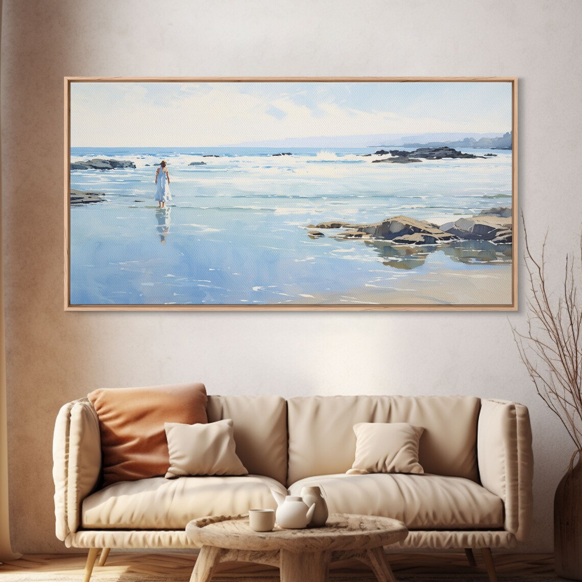 Woman In White Dress Walking On Beach Watercolor Coastal Art Poster - Image 4