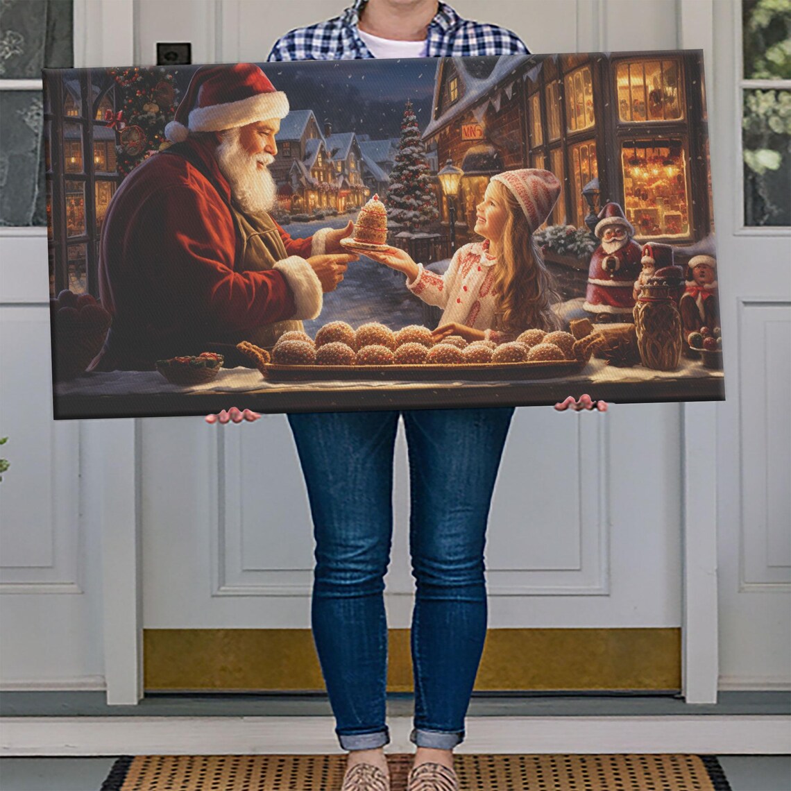 Santa Claus Handing Cake To Little Girl At Christmas Market Poster - Image 4