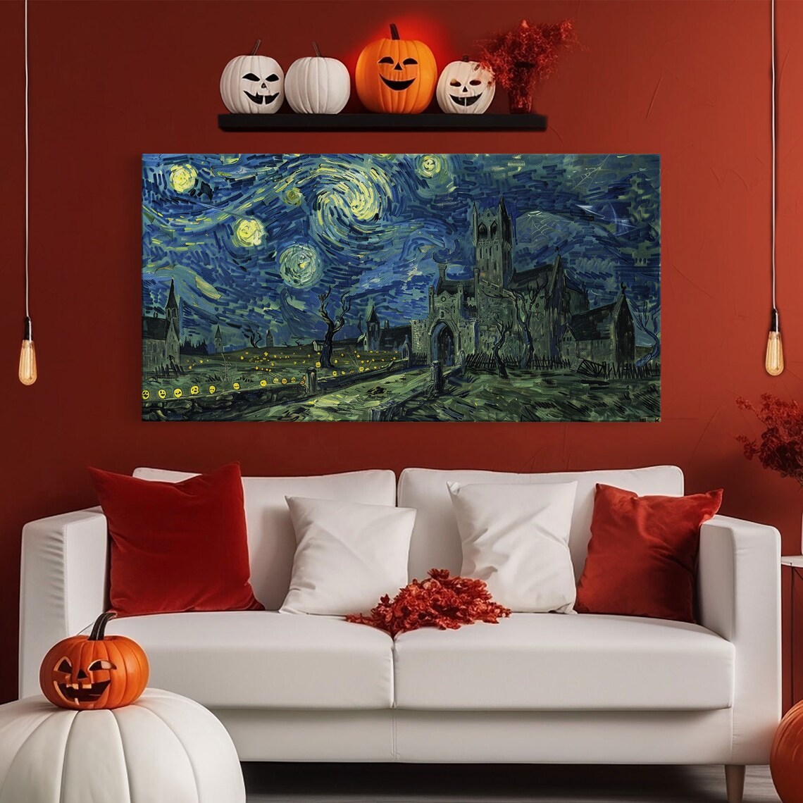 Starry Night Haunted Castle Ruins Swirling Sky Pumpkins Halloween Poster - Image 6