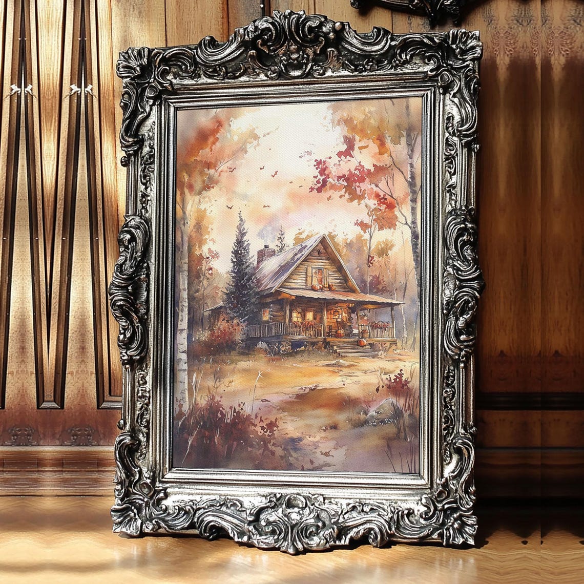 Rustic Autumn Woods Log Cabin Fall Foliage Warm Watercolor Poster - Image 5