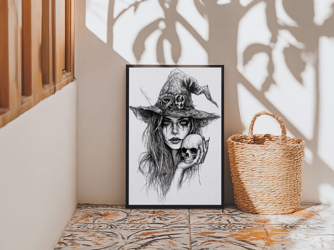 Witch Holding Skull Charcoal Portrait Dark Halloween Art Poster - Image 3
